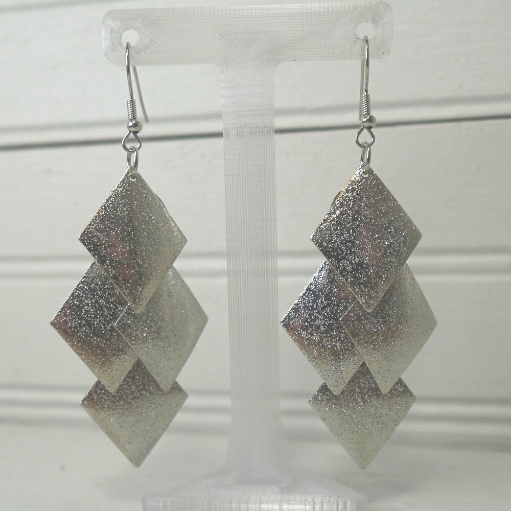 Y2K Dangle Earrings Silver Tone Glitter Chandelier Long Drop Hook Jewelry